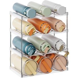 LAMU Stackable Water Bottle Holder Organzier for 40 oz Large Tumbler, 4 Tier Clear Tumbler Bottle Cup Rack for Kitchen Cabinet Organziers and Storage, Hold 12