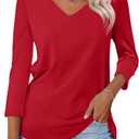 Minetom Women's V Neck 3/4 Sleeve T Shirt Solid/Color Block Casual Basic Tops Summer Tees (Medium)