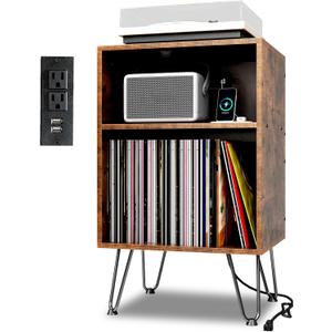 TC-HOMENY Record Player Stand with Charging Station & USB Ports, Turntable Stand Holds Up to 160 Albums, Vinyl Record Storage Stand with Metal Legs for Living Room, Bedroom, Office