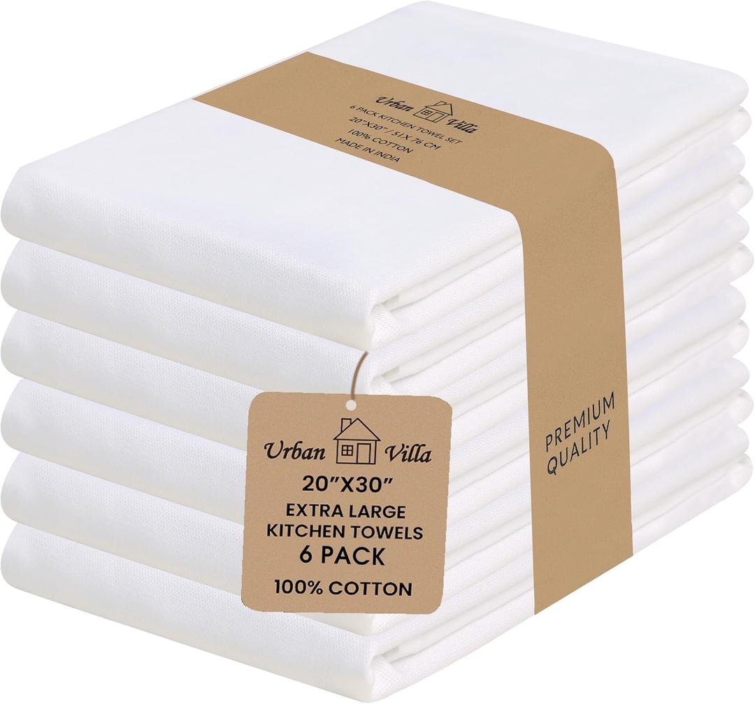 Urban Villa Kitchen Towels 100% Cotton Dish Towels for Kitchen(Set of 6) 20x30 Dish Cloths Highly Absorbent Kitchen Linen Set with Hanging Loop Perfect for Drying Dishes Cleaning Hand Towels  White