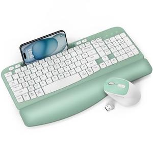 Wireless Keyboard and Mouse Combo, Wave Keys Full-Sized Ergonomic Keyboard with Cushioned Plam Rest, Phone Holder, Comfortable Natural Typing, 2.4G Cordless Set for Computer, Laptop, Pc, Mac, Windows