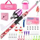 Kids Fishing Pole, Portable Telescopic Kids Fishing Poles for Boys and Girls, Fishing Rod and Reel Combo Kit with Tackle Box, and Fishing Net, Best Fishing Pole for Toddler Youth (Pink)