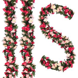 5Pcs 41FT Artificial Pink Flowers Garland, Fake Hanging Outdoor Flower Vines Pink Rose with Green Leaves, Faux Silk Flower for Backdrop Decoration Tea Party Wedding Arch Birthday
