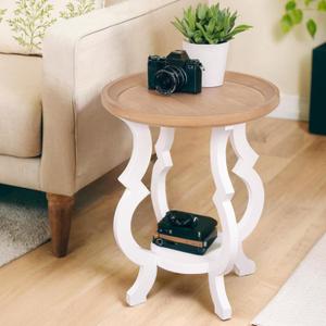 Farmhouse End Table, Wooden Round Side Table, 2 Tiers Accent Table for Family, Living Room or Small Spaces, Concave Legs, White and Brown (White&brown)
