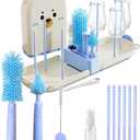 Blue Travel Bottle Cleaner Kit with Drying Rack 6-in-1 Baby Bottle Washer & Silicone Brush Set for Pump Parts, Nipples & Straws Portable Baby Travel Essential in Compact Case