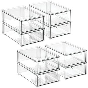 mDesign Plastic Stackable Bathroom Storage Organizer Bin with Pull Out Drawer for Cabinet, Vanity, Shelf, Cupboard, Cabinet, or Closet Organization - Lumiere Collection - 8 Pack - (Clear, 8 x 12 x 4)