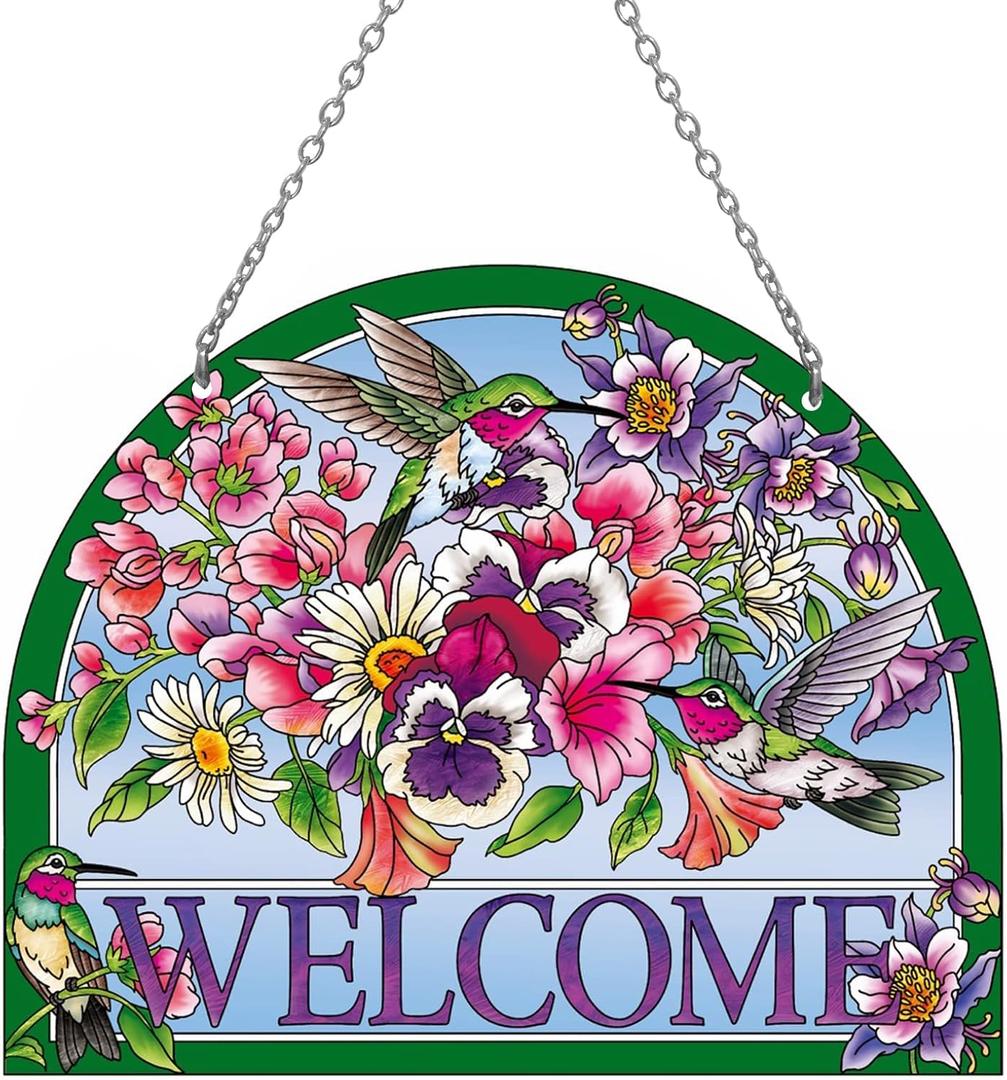 Hummingbird Stained Glass Suncatchers - Welcome Hummingbird Suncatcher, Vibrant Flowers Window Hanging, 7.8''*6.5'', Stained Glass Birds with Suction Cup, Mom Gift