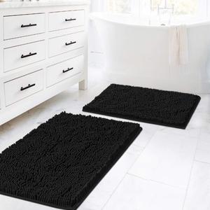 H.VERSAILTEX Black Bathroom Rug Set 2 Piece, Bath Mats for Bathroom Floor, Super Thick Soft Shaggy Chenille Bath Mats Machine Washable, Dry Fast Water Absorbent Bath Mats (20" x 32"/17" x 24")