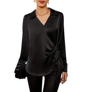 GRACE KARIN Satin Silk Blouse Casual Long Sleeve Slim Tie Waist Shirts Work Tunic Tops XL Black