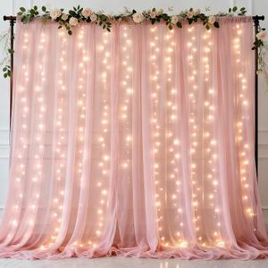 Ledido 10x8ft Pink Tulle Backdrop Curtains with Lights String - 300LED Fairy Lights Sheer Curtain Backdrop for Wedding Baby Shower Photo Shoot Birthday Party Decoration(2 Panels 5x8ft)Pink