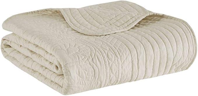 Madison Park Luxe Quilted Throw Blanket - Damask Stitching Design, Cotton Filled Spread, Ultra Soft, Cozy Bedding for Living Room Couch, Sofa, Bed, 60x72", Scalloped Borders Cream