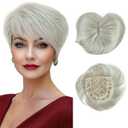 QUEENTAS Grey Hair Toppers for Women with Thinning Hair 3603D Cover with 5 Clips Short Synthetic Heat Resistant Hair Pieces for Dating Daily Use Wispy Bangs 6"*6" Cap(Gray)