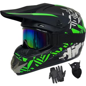 Youth Dirt Bike Helmets Fashion Kids Children Motocross, Motorcycle, BMX, ATV, Off-Road, Four Wheeler, Moutain Bike Full Face Helmets Dot Approved (Goggles Gloves Faceshield) (Medium, Green)