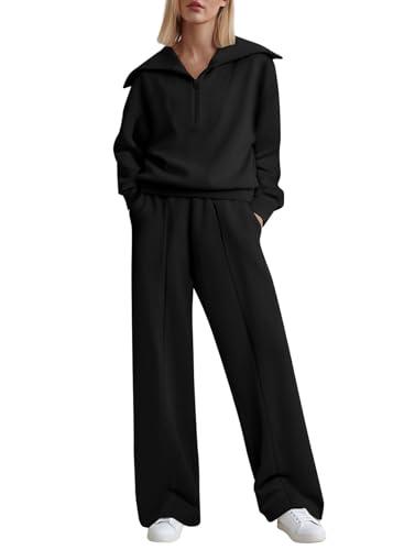 Aleumdr Two Piece Lounge Outfits Sweatsuits Matching Set for Women Fleece Half Zip Sweatshirt Oversized Pullover Wide Leg Joggers Sweatpants Tracksuit 2025 Fall Athletic Travel Clothing Black Size XL