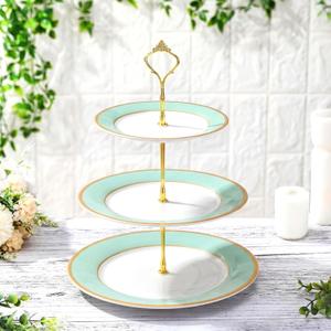 CHENGU 3 Tier Cupcake Stand Green Ceramic with Gold Frame, 10" 9" 7" Dessert Tower for Baby Shower Birthday Wedding Tea Party, Tiered Cake Holder Display for Cupcakes Pastries Fruits