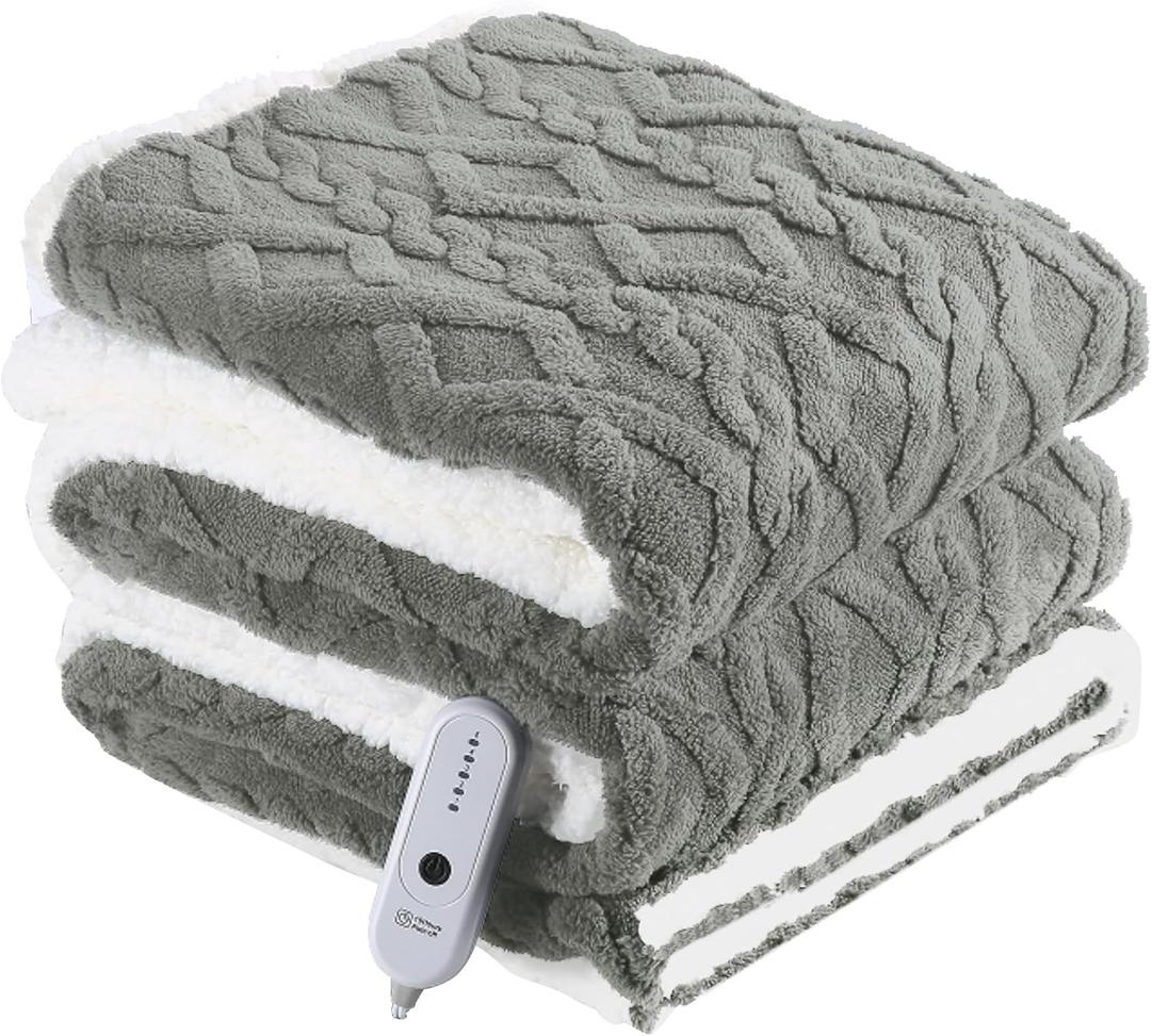 Electric Heated Blanket Twin Size 62" x 84" - Fluffy Ultra Soft Electric Blanket with 3D Stylish Design, 240g Plus 200g Sherpa, 5 Fast Heating Levels & 10 Hours Auto Off, Machine Washable, Gray