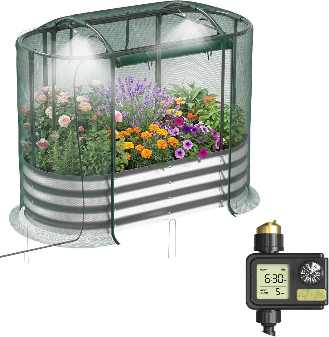 Lineware Raised Garden Bed with Sprinkler Timer and Self-Watering System, 4x2x1 ft Elevated Planter Boxes Outdoor with Mesh Cover, Galvanized Raised Beds for,Vegetables,Flowers, Backyard, Patio