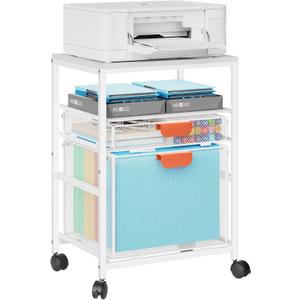 Marbrasse Rolling File Cart with Handle, Mobile File Cabinet on Lockable Wheels, Office Filing Cabinet Organizer, Printer Stand with Hanging File Folder Organizer for Home Office - White