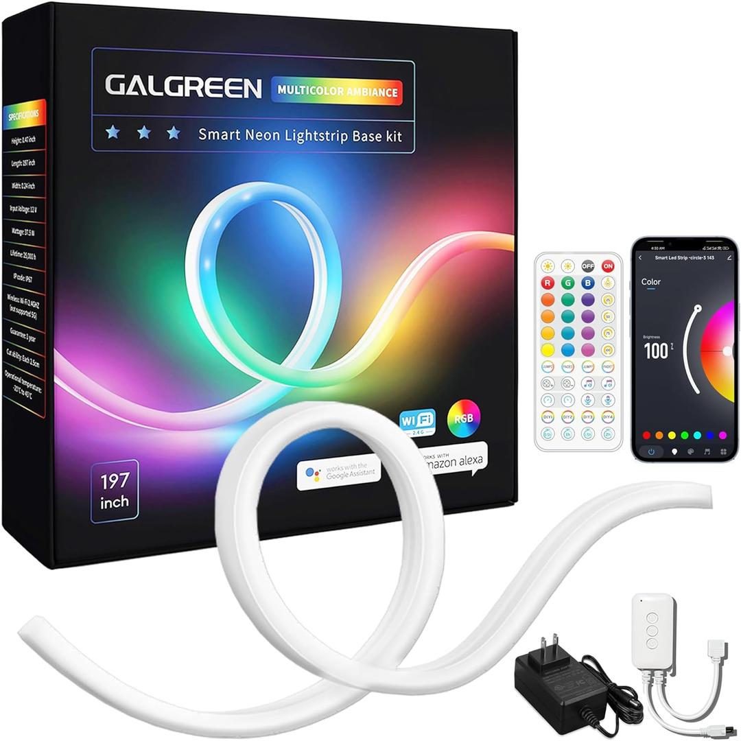 16.4ft WiFi RGB Rope Lights with Music Sync, Waterproof Flexible Dimmable Smart LED Strip Lights for Bedroom with Remote and Adapter, Compatible with Alexa, Indoor Outdoor Decor (RGB (Red, Green, Blue))