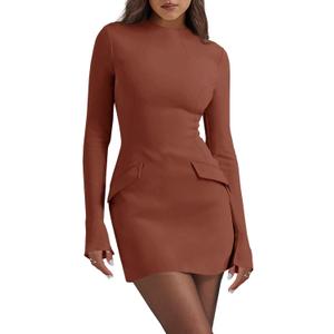 Cicy Bell Womens Long Sleeve Bodycon Dress Mock Neck Slim Fit Party Cocktail Fall Mini Blazer Dresses (M, Brown)
