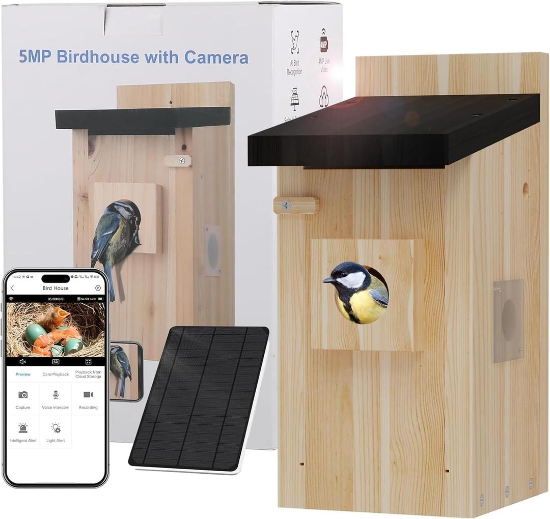 Bird House with Camera, 5MP Smart Birdhouse Camera with Solar Powered, Bird Box Camera for Families, Motion Detection & 32GB SD Card, Watch Bird Nesting & Hatching in Real Time, Ideal Gift for Friends
