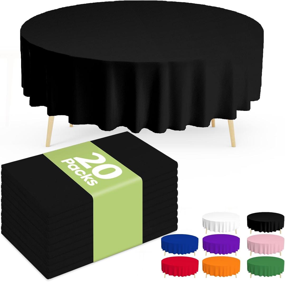 Pureegg Plastic Table Cloth Disposable 20 Pack, 84'' Round Table Cloths, Graduation Decorations Class of 2025, Graduation Party Tablecloths, Round, Plastic Cover, Leakproof & Sturdy, Black