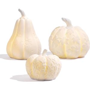 Set of 3 Large Ceramic Pumpkin with Light, Thanksgiving Table Decorations Decorative White Pumpkins Fall Centerpiece Table Decorations for Home