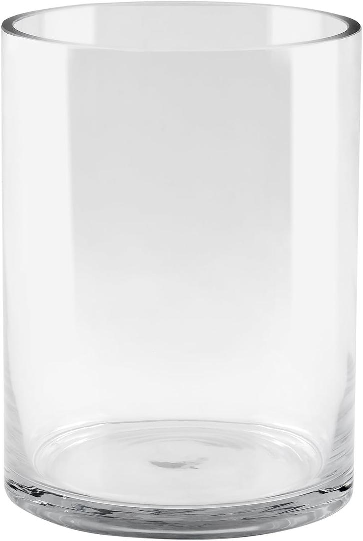 6" Wide 8" High Large Hand Blown Sturdy Clear Cylinder Glass Vase, Centerpiece Flower Vase for Rose, Tulip, Boquets, Hurricane Candle Holder (1, 6"x8")