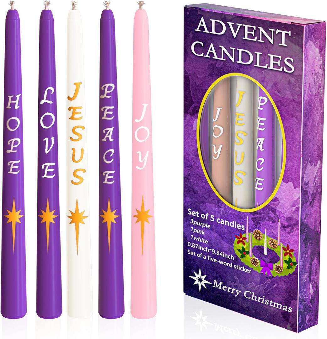 Advent Candles Set of 5 Christmas Taper Candles 8 Hour Burn Seasonal Candle with Words Love, Peace, Hope, Joy,Jesus for Holidays, Party, Advent Wreath Candle Holder 3 Purple, 1 Pink, 1 White