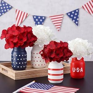 LemonRoad 4 Pcs 4th of July Party Decorations Patriotic Mason Jars Table Centerpiece 250 Anniversary Red White Blue USA Independence Day Table Toppers with Fake Flowers Utensil Holder Jars Gift