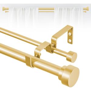 Gold Double Curtain Rods for windows 66 to 120:Adjustable Heavy Duty Double Curtain Rod for Bedroom Living Room,1 Inch Brass Gold Iron Moden Decorative Telescopic Dual Drapery Rod Easy Install