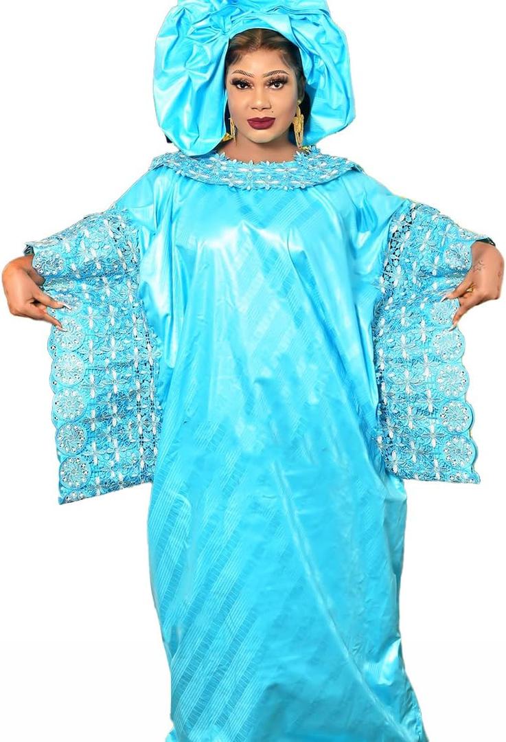 African Women Dashiki Bazin Dress Sky Blue Wedding Bride Long Robe with Stones Nigerian Guinea Basin Riche Boubous Big Size Party Gown