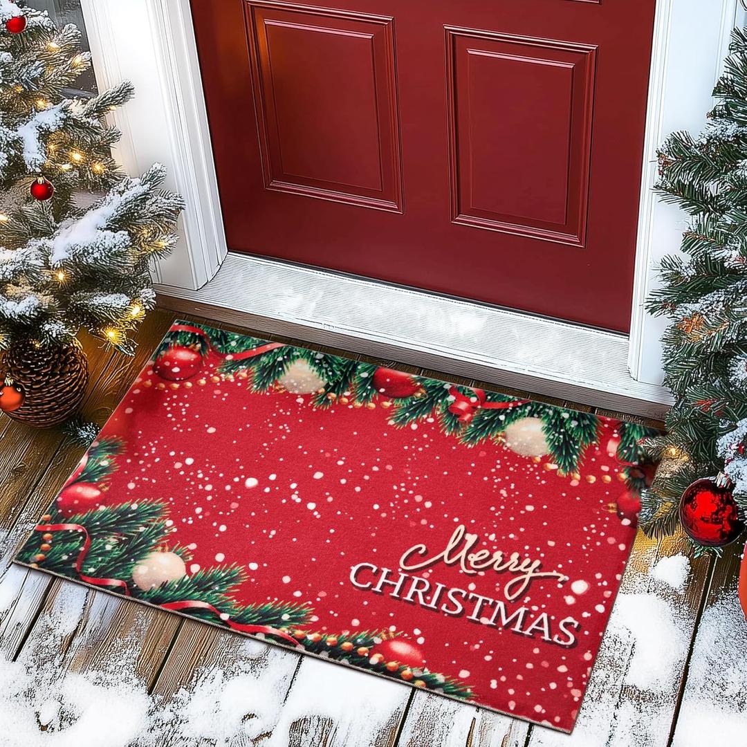 Christmas Doormat, Outdoor & Indoor Merry Christmas Door Mat Outside Holiday Door Mats for Front Door Entrances, 24"x36", Christmas Red
