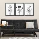 TQianJiang Flower Plant Wall Decor 16"x11" Black And White Botanical Painting Wood Framed Set of 3 Bedroom Office Abstract Wildflower Sign Hanging Art (Black)