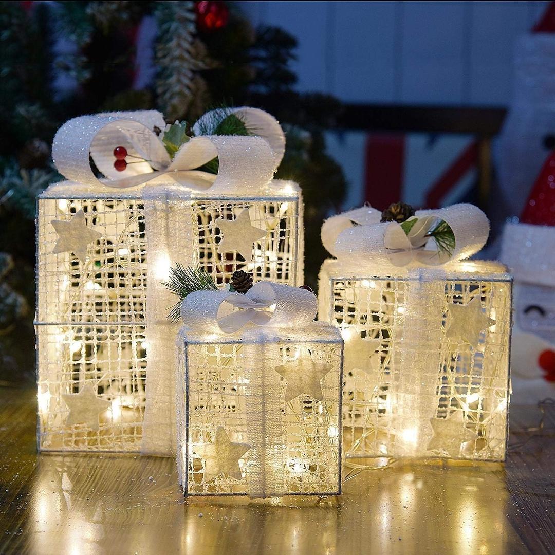 Set of 3 Christmas Lighted Gift Boxes, Pre-lit 60LED Light Up Present Boxes Ornament Outdoor, White Boxes with Star, Battery Operated Christmas Decorations for Indoor Home, Party, Lawn Decor