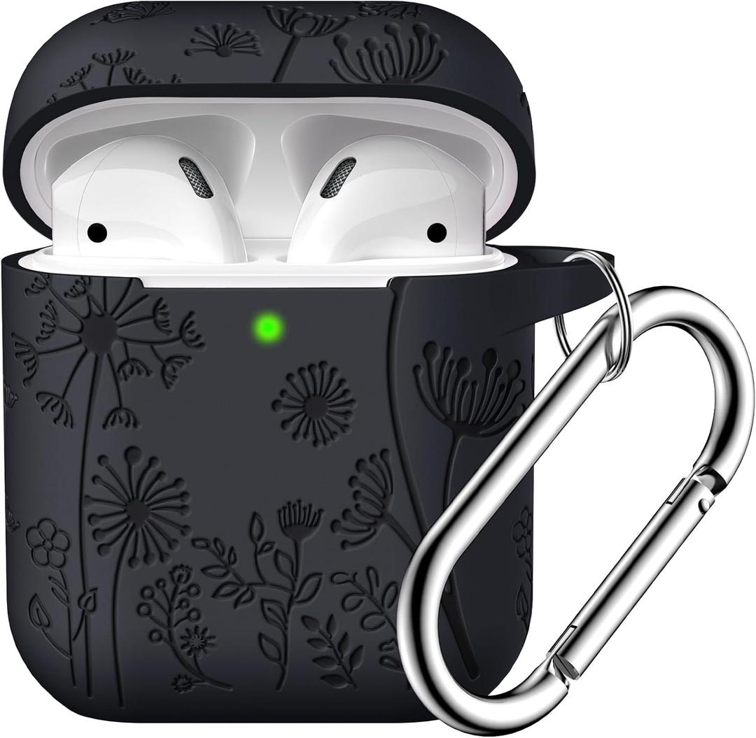 Lerobo for AirPod Case 2nd 1st Generation Case Cover, Flower Engraved Full Protective Case Compatible with Apple AirPod Charging Case with Keychain Soft Silicone Pattern Front LED Visible, Black