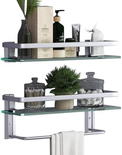 VOLPONE Glass Bathroom Shelf 15.7in Bathroom Shelf Wall Mounted Floating Glass Shelves with Towel Holder Glass Shower Shelf 2 Tier (Sliver)