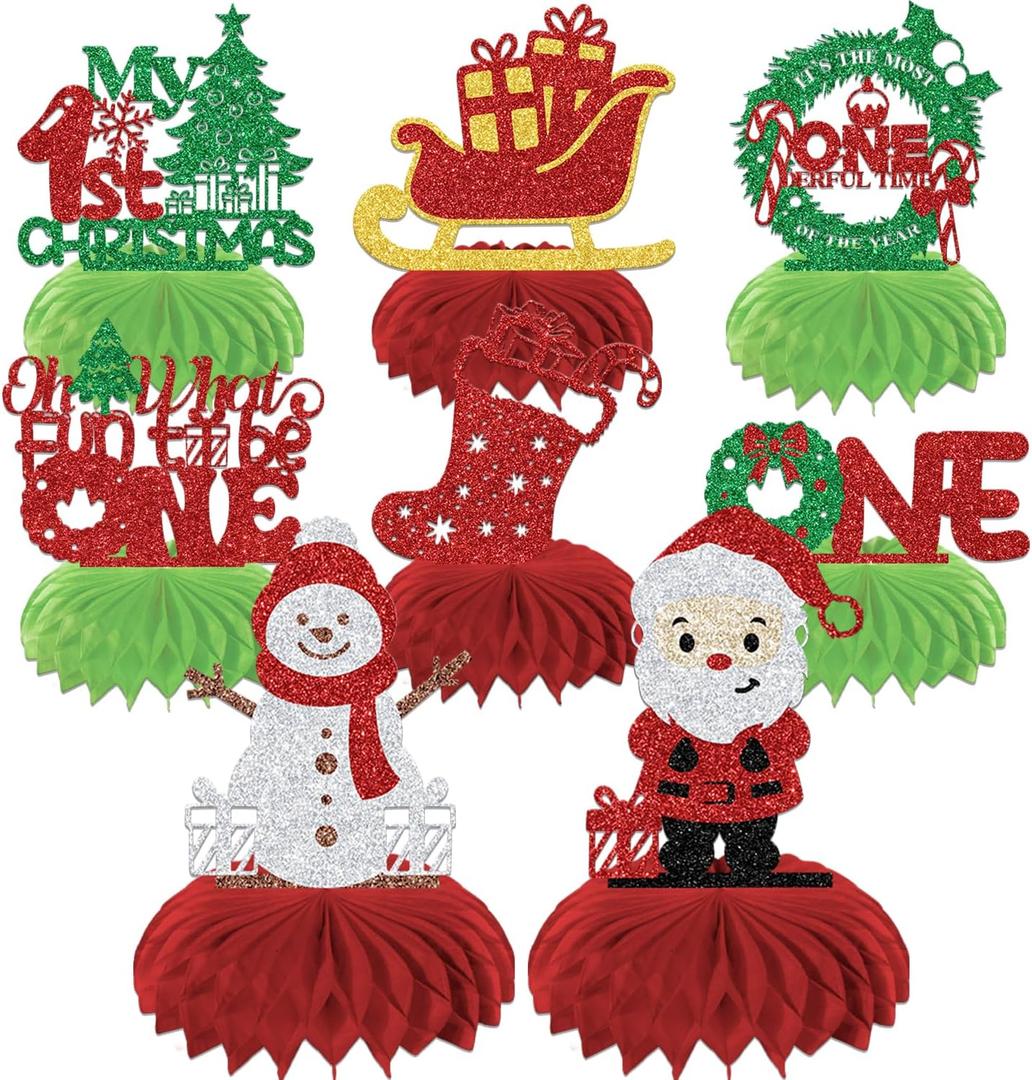 LANKBACK 8Pcs Christmas 1st Birthday Honeycomb Centerpieces for Oh What Fun It Is to Be One Christmas 1st Birthday Party Decorations Green Red Sliver