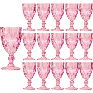 16 Pack Vintage Wine Glasses, Plastic Reusable 12 Ounce Colored Water Goblets, Unique Embossed Pattern Unbreakable Stemmed Wine Glasses, High Clear Wedding Party Bar Drinking Cups Pink