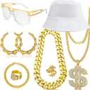 80 90s Accessories Outfit for Woman Hip Hop Costume Kit Old School Rapper Gold Chain Necklaec Big Hoops Jewelry