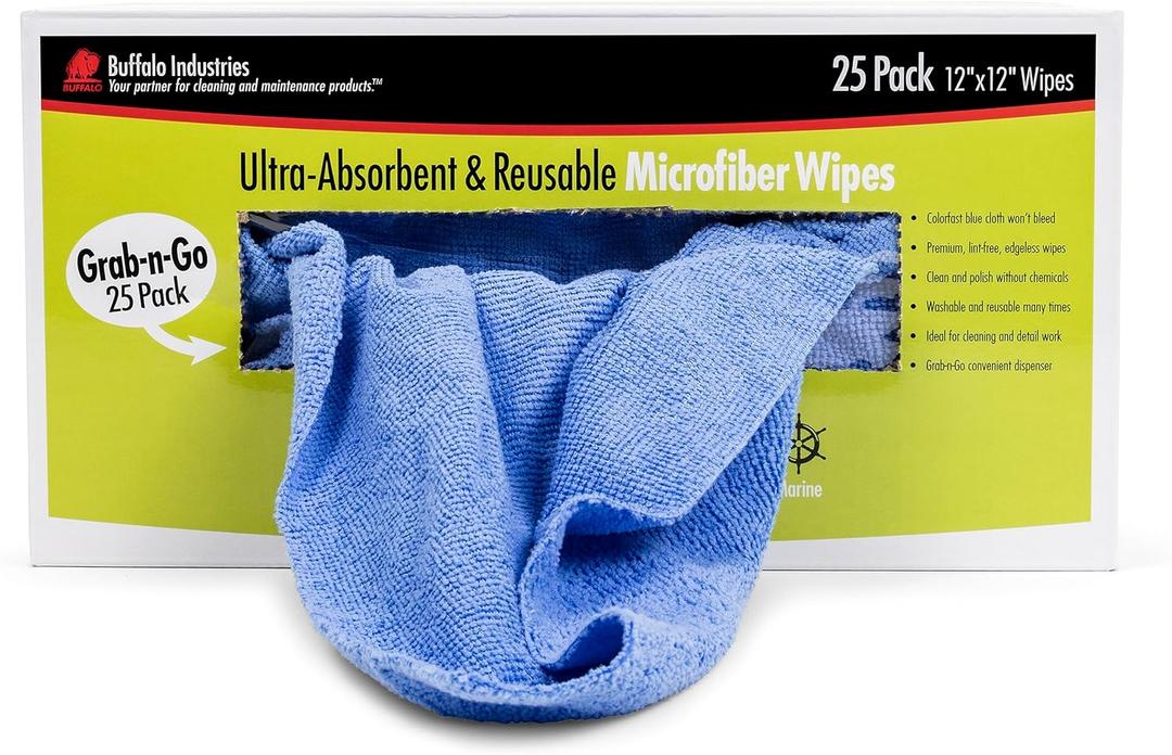Buffalo 65102 Microfiber Cloths Economy Cleaning Cloths, Dispenser Wipes Box, Blue,12" x 12", 25-Pack