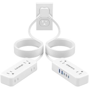 Split Extension Cord 20FT (10FT on Each Side), Single Flat Plug Twin Extension Cord with 4 AC Outlets, 2 USB-A & 3 USB-C(24W/4.8A), Nightstand Charging Station for Bedroom Dorm Room Home, His and Hers