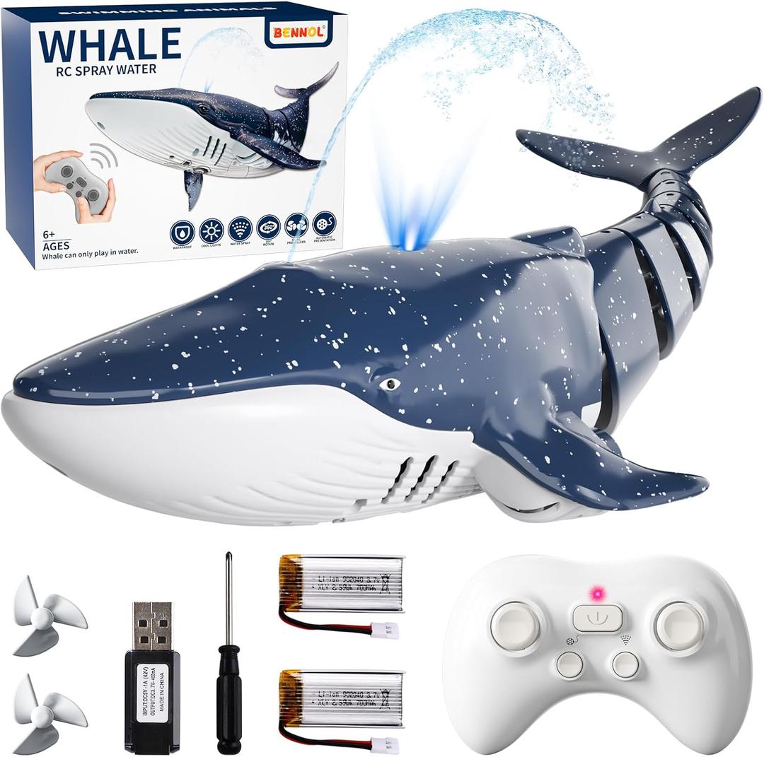 2.4Ghz Remote Control Whale Shark Toys for Boys Kids, 1:18 Scale High Simulation Whale Shark for Pool, Electric RC Shark Fish Toys with Light & Spray Water Function for 4 5 6 7 8 9 Year old's Kid
