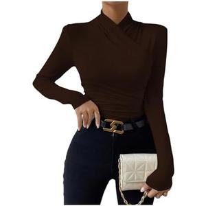 SweatyRocks Women's Ruched Mock Neck Long Sleeve T Shirt Solid Slim Fitted Tee Tops L