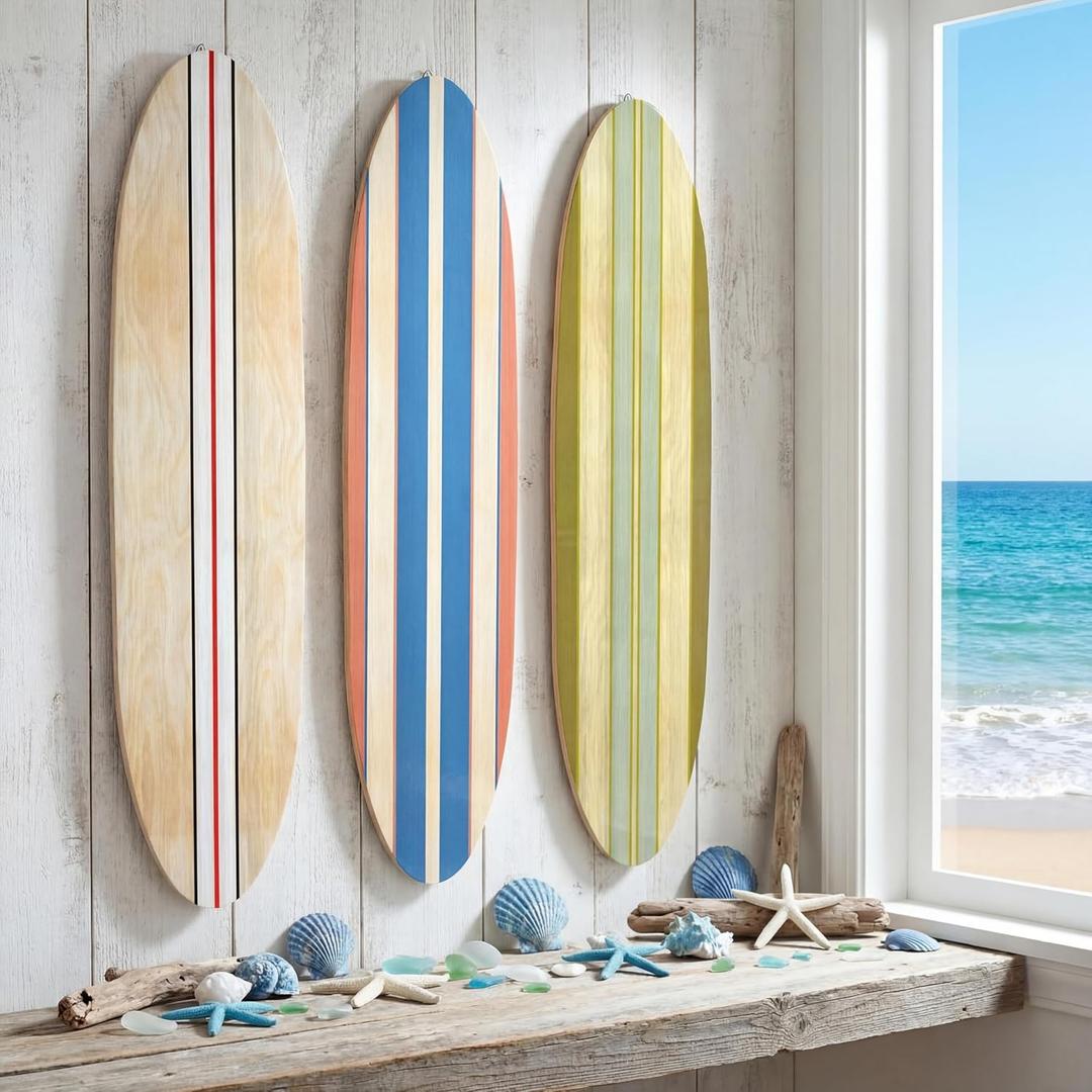 Gerrii 3 Pcs Surfboard Wall Decor 23.6" x 5.4" Beach Room Decor Large Wooden Summer Surfboard Wall Hanging Sign Hawaiian Tropical Art for Surfer Bedroom Bathroom Livingroom Decorations