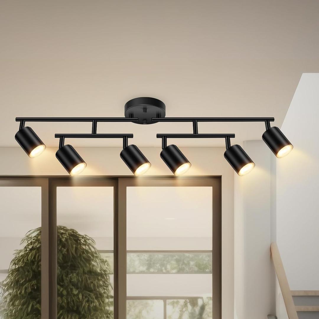 Track Lighting Fixtures Ceiling Black, 6 Light Track Lighting Kit for Kitchen, 30" Flexibly Spotlight with Rotatable Head, Modern LED Flush Mount Ceiling Lighting for Living Room Bedroom(GU10,NO Bulb)