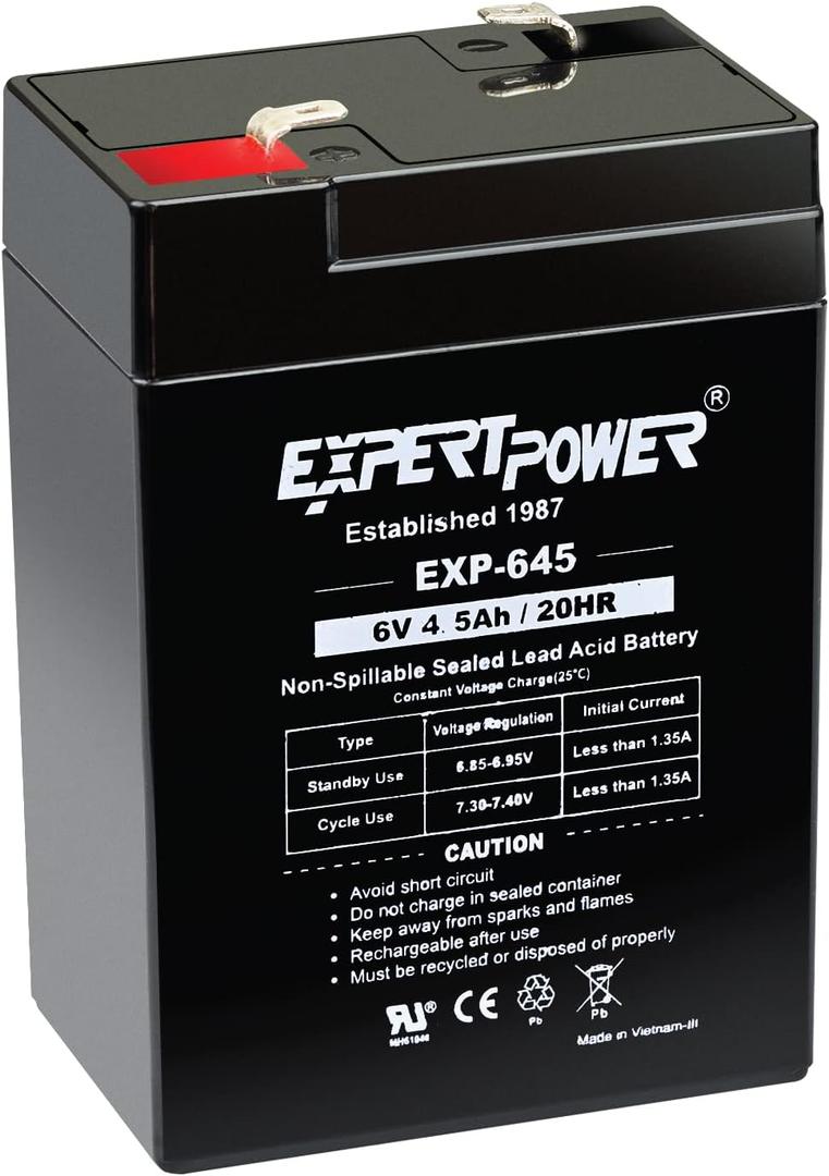 ExpertPower EXP645-6V 4.5Ah / 20HR SLA Rechargeable 6V Battery for Ride on Toys, Emergency Light, Exit Sign Battery Replacement, Sealed Lead Acid 6 Volt Batteries with F1 Terminals