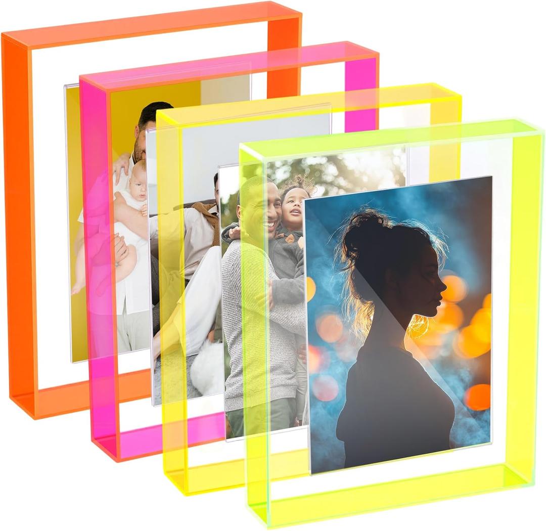 Kathfly 4 Pcs 5x7 Floating Picture Frame Acrylic Frames for Wall Mounted or Tabletop Standing Decorative Magnetic Photo Frames Neon Translucent Hanging Frame, Display Photo up to 7x9 (Trendy Colors)