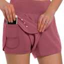 Ksmien Women's 2 in 1 Running Shorts - Lightweight Athletic Workout Gym Yoga Shorts Liner with Phone Pockets (Light Wine Red, S)