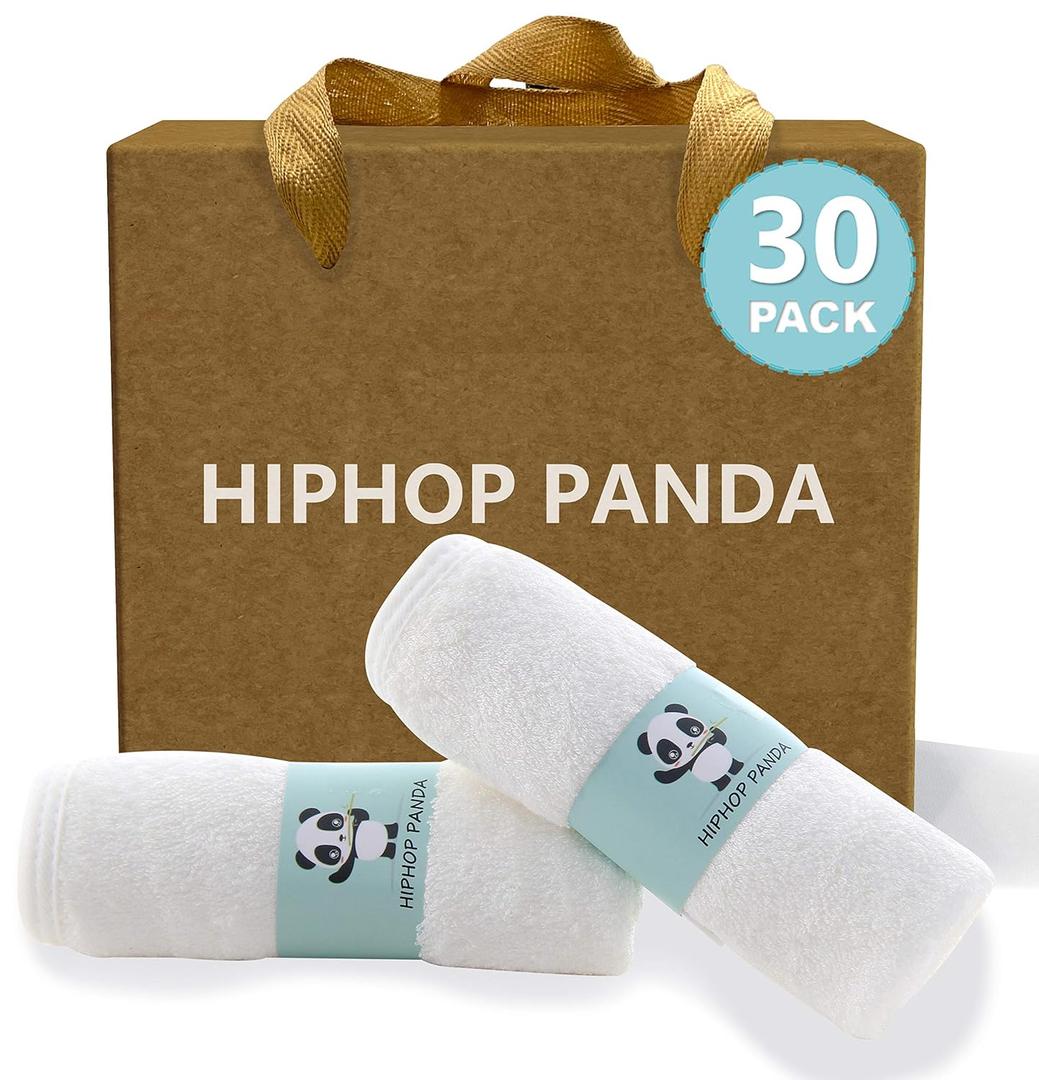 HIPHOP PANDA Baby Washcloths, Rayon Made from Bamboo - 2 Layer Ultra Soft Absorbent Newborn Bath Face Towel - Reusable Baby Wipes for Delicate Skin - White, 30 Pack (10x10 Inch - 30 Pack Gift Box Set)